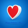White 3D Plastic Heart Banner, Postcard, Greeting Card, Box On Blue Background. Valentine`s Day Illustration Postcard.
