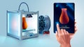 3d printer. 3d printing. Additive technology. Filament spool. Maker hold tablet in hand.