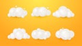 White 3d realistic clouds render soft round cartoon icon collection isolated on a yellow background