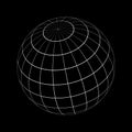 White 3D sphere wireframe isolated on black background. Orb model, spherical shape, grid ball. Earth globe figure with