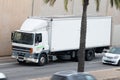 White DAF 85 CF truck driving along the Ronda Litoral in Barcelona