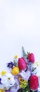 White daffodils, pink tulips, lilac Alstroemeria on a white background.