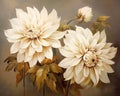 White Dahlias flowers art pnting are golden and white flowers wall art.