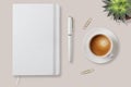 White diary with rubber band, flat lay on table. Product mockup, design template