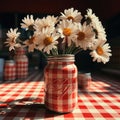 White daisies in a checkered vase, amidst lo-fi aesthetics