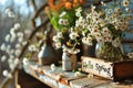 White daisies in a rustic setting with \'Hello Spring\' sign