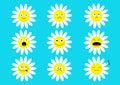 White daisy chamomile icon emoji set set. Funny kawaii cartoon characters. Emotion collection. Happy, surprised, smiling, crying,