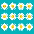 White daisy chamomile icon emoji set set. Funny kawaii cartoon characters. Emotion collection.