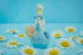 White daisy flower on blue background with baby boy statue