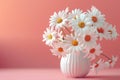 White daisy Flowers in vase on white cloth against pink backdrop.aigenerative