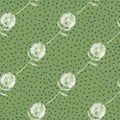 White dandelion diagonal ornament seamless pattern. Green background with black dots Royalty Free Stock Photo