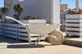 White decorative construction trolley at cafe garden