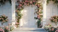 a white decorative entrance door adorned with a soft pink flowers garland, inviting viewers into a world of elegance and Royalty Free Stock Photo