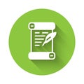 White Decree, paper, parchment, scroll icon icon isolated with long shadow. Green circle button. Vector