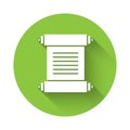 White Decree, paper, parchment, scroll icon icon isolated with long shadow. Green circle button. Vector