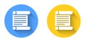 White Decree, paper, parchment, scroll icon icon isolated with long shadow background. Circle button. Vector