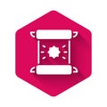 White Decree, paper, parchment, scroll icon icon isolated with long shadow background. Pink hexagon button. Vector