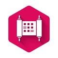 White Decree, paper, parchment, scroll icon icon isolated with long shadow. Chinese scroll. Pink hexagon button. Vector