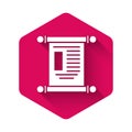 White Decree, paper, parchment, scroll icon icon isolated with long shadow. Chinese scroll. Pink hexagon button. Vector