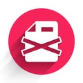White Delete file document icon isolated with long shadow background. Rejected document icon. Cross on paper. Red circle