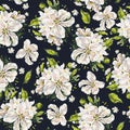 White delicate flowers with green leaves isolated on black background. Handwork draw. Seamless pattern for design