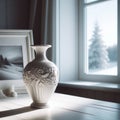 White delicate vase sits in plain surroundings