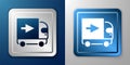 White Delivery cargo truck vehicle icon isolated on blue and grey background. Silver and blue square button. Vector Royalty Free Stock Photo