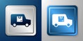 White Delivery cargo truck vehicle icon isolated on blue and grey background. Silver and blue square button. Vector Royalty Free Stock Photo
