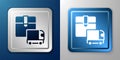 White Delivery cargo truck vehicle icon isolated on blue and grey background. Silver and blue square button. Vector Royalty Free Stock Photo