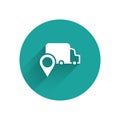 White Delivery tracking icon isolated with long shadow background. Parcel tracking. Green circle button. Vector Royalty Free Stock Photo