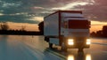 White delivery truck on asphalt road highway at sunset - transportation background. 3d rendering Royalty Free Stock Photo