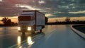 White delivery truck on asphalt road highway at sunset - transportation background. 3d rendering Royalty Free Stock Photo