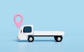White delivery truck icon 3d with location pin, GPS navigator isolated blue background. business delivery, express service Royalty Free Stock Photo