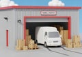 White delivery van arriving at warehouse with stacked boxes Royalty Free Stock Photo