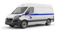 A white delivery van with a blue stripe and logo on a white background Royalty Free Stock Photo