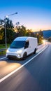 White delivery van driving on highway at dusk with motion blur effect Royalty Free Stock Photo