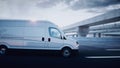 White delivery van on highway. Very fast driving. Delivery concept. 3d rendering. Royalty Free Stock Photo