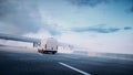 White delivery van on highway. Very fast driving. Delivery concept. 3d rendering. Royalty Free Stock Photo