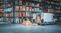 White delivery van is parked in a large warehouse with cardboard boxes inside Royalty Free Stock Photo