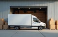 White delivery van parked outside warehouse loading dock, stacks of cardboard boxes inside and on pallets. Truck ready for cargo Royalty Free Stock Photo