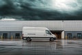 White Delivery Van at Warehouse in Rain Storm, generative ai Royalty Free Stock Photo