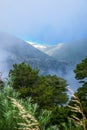 White dense fog high in the mountains on the Llogara pass. View from the highlands. clouds over Royalty Free Stock Photo
