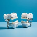 White dental prostheses on blue background