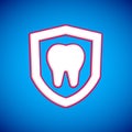 White Dental protection icon isolated on blue background. Tooth on shield logo. Vector Royalty Free Stock Photo