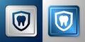 White Dental protection icon isolated on blue and grey background. Tooth on shield logo. Silver and blue square button Royalty Free Stock Photo