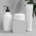 White design of natural cosmetic cream , serum, skincare blank bottle packaging with leaves herb, bio organic product.beauty and