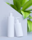 White design of natural cosmetic cream , serum, skincare blank bottle packaging with leaves herb, bio organic product