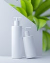 White design of natural cosmetic cream , serum, skincare blank bottle packaging with leaves herb, bio organic product