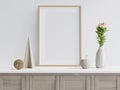 White design scene with wooden Frame, cabinet, plant and decoration