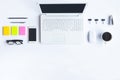 White desk office with laptop, smartphone and other work supplies with cup of coffee. Top view with copy space for input the text Royalty Free Stock Photo